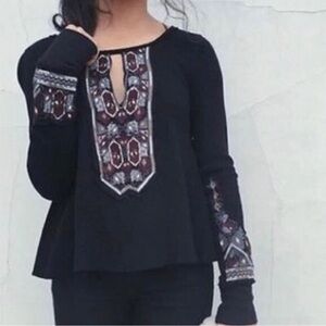Free People Black Marion Embroidered Thermal Waffle Shirt Top XS Oversized